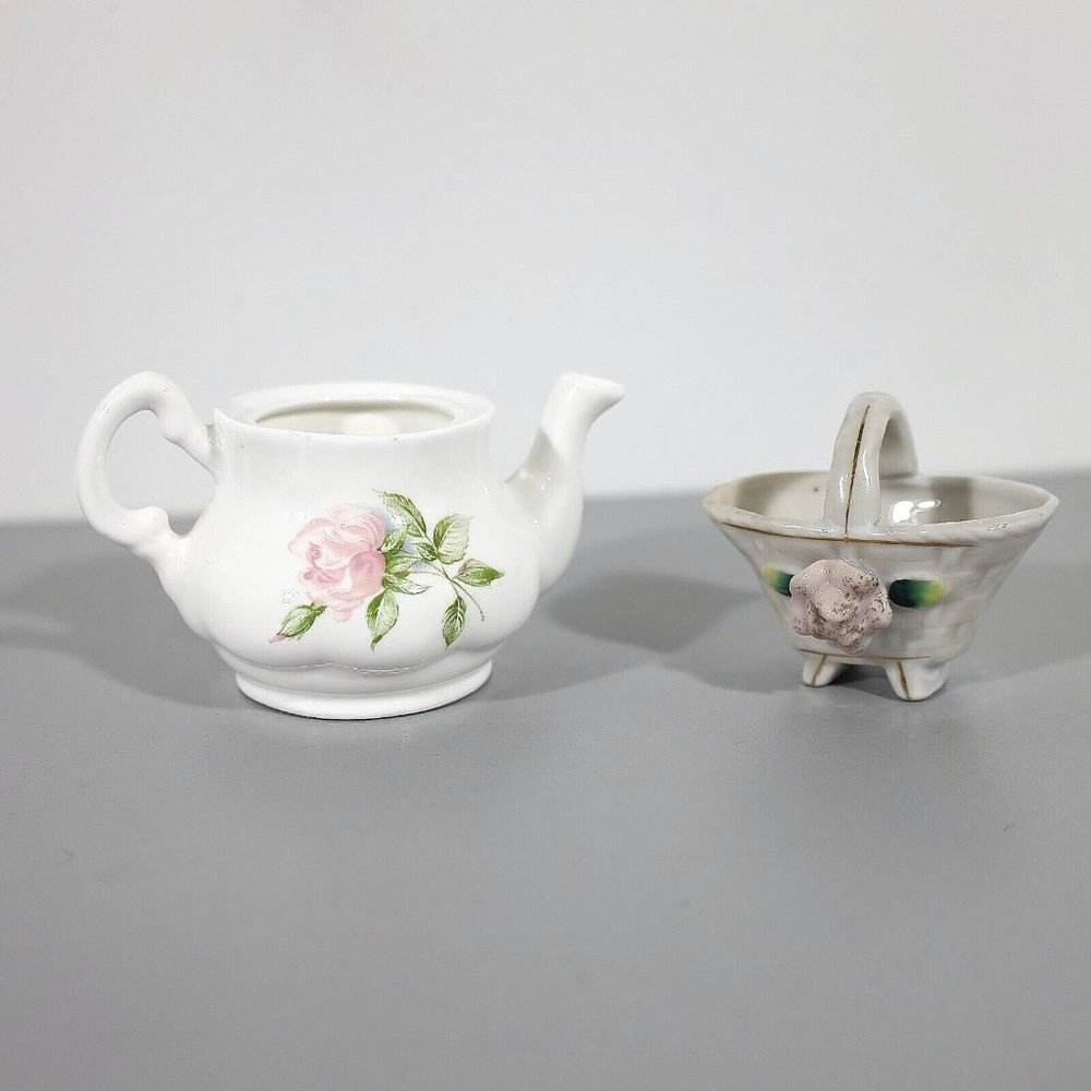 2/$20 Porcelain Lot of Tea Pot and Flower Basket Center Piece Figures Miniatures